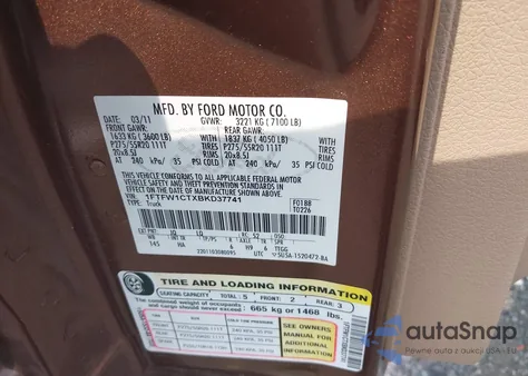 2011 Ford F-150 Lariat from USA, damaged, VIN 1FTFW1CTXBKD37741